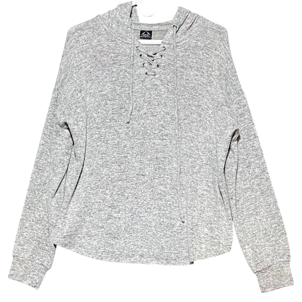 HFX‎ Women's Gray Heathered Lace Up Hoodie Sweatshirt Pullover Size M